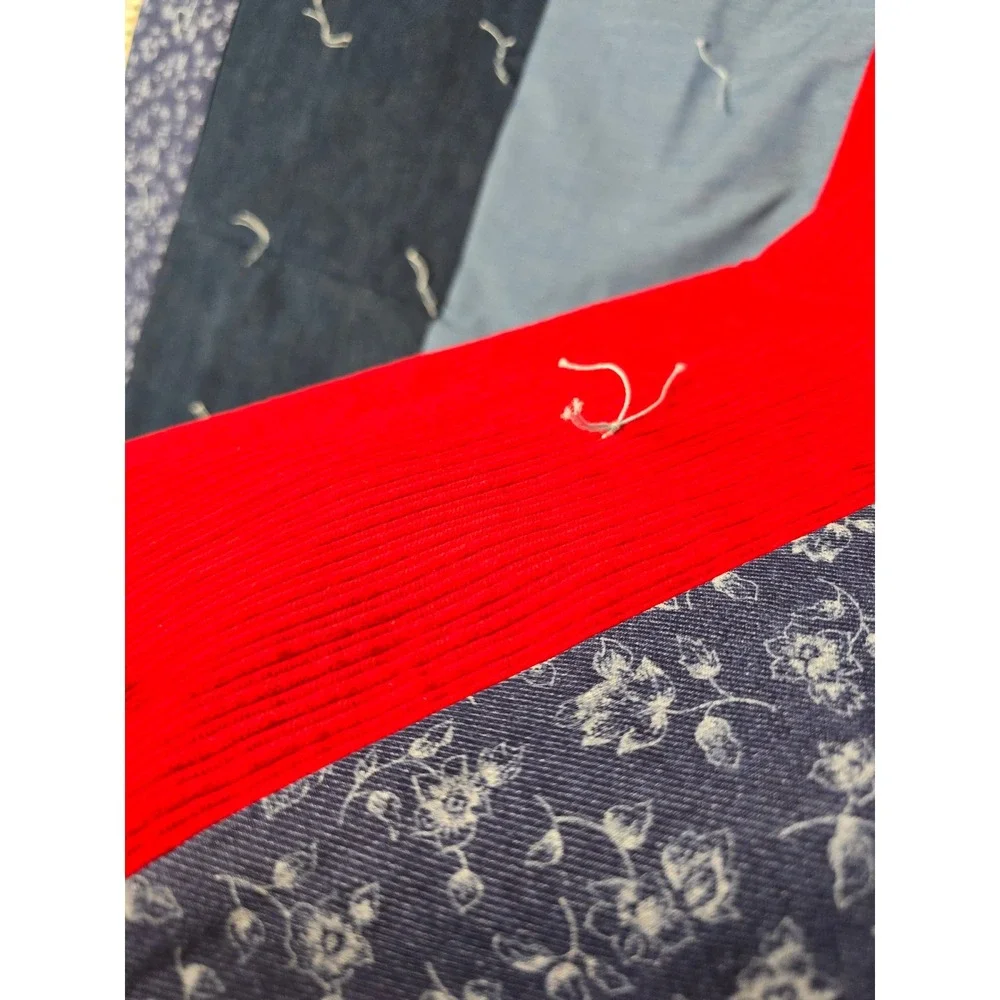 Vintage Hand Tied Denim Quilt Throw Multi Texture Patchwork Red Corduroy 41.5x58